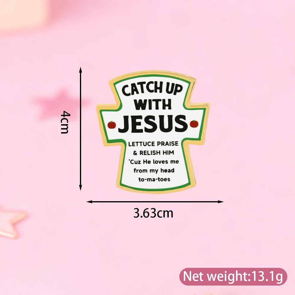 Catch Up With Jesus Kreuz-Brosche Christlich Humorvolle Salat-Tomaten-Wortspiel Emaille-Anstecknadel Religiöser Glaubens-Anstecker für Kleidung – Detail 2