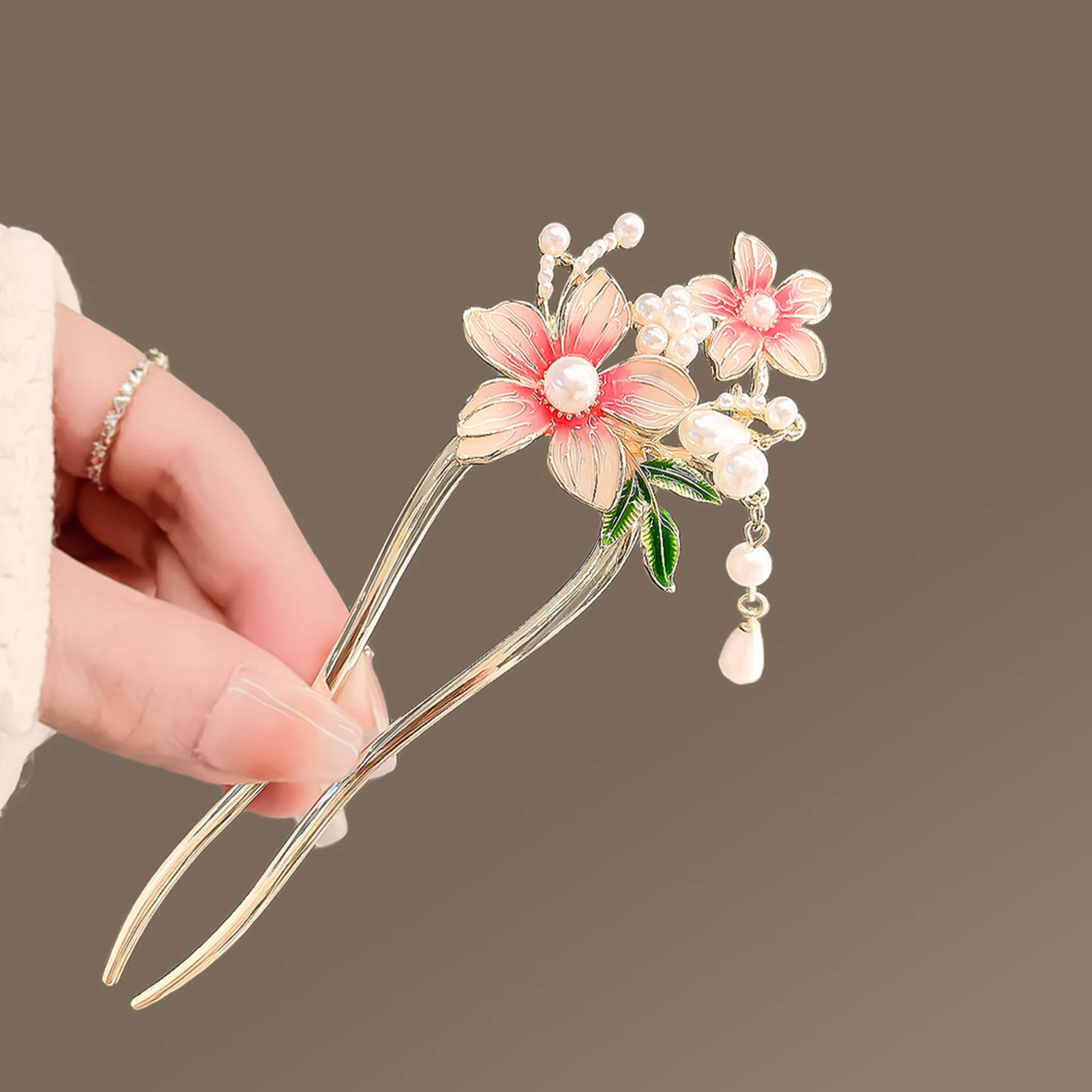 Elegant Pink Flower Hair Pin U Shaped Floral Hair Sticks Forks Pearls Chain Tassel Hairclips Woman Girls Step Shake Hair Jewelry