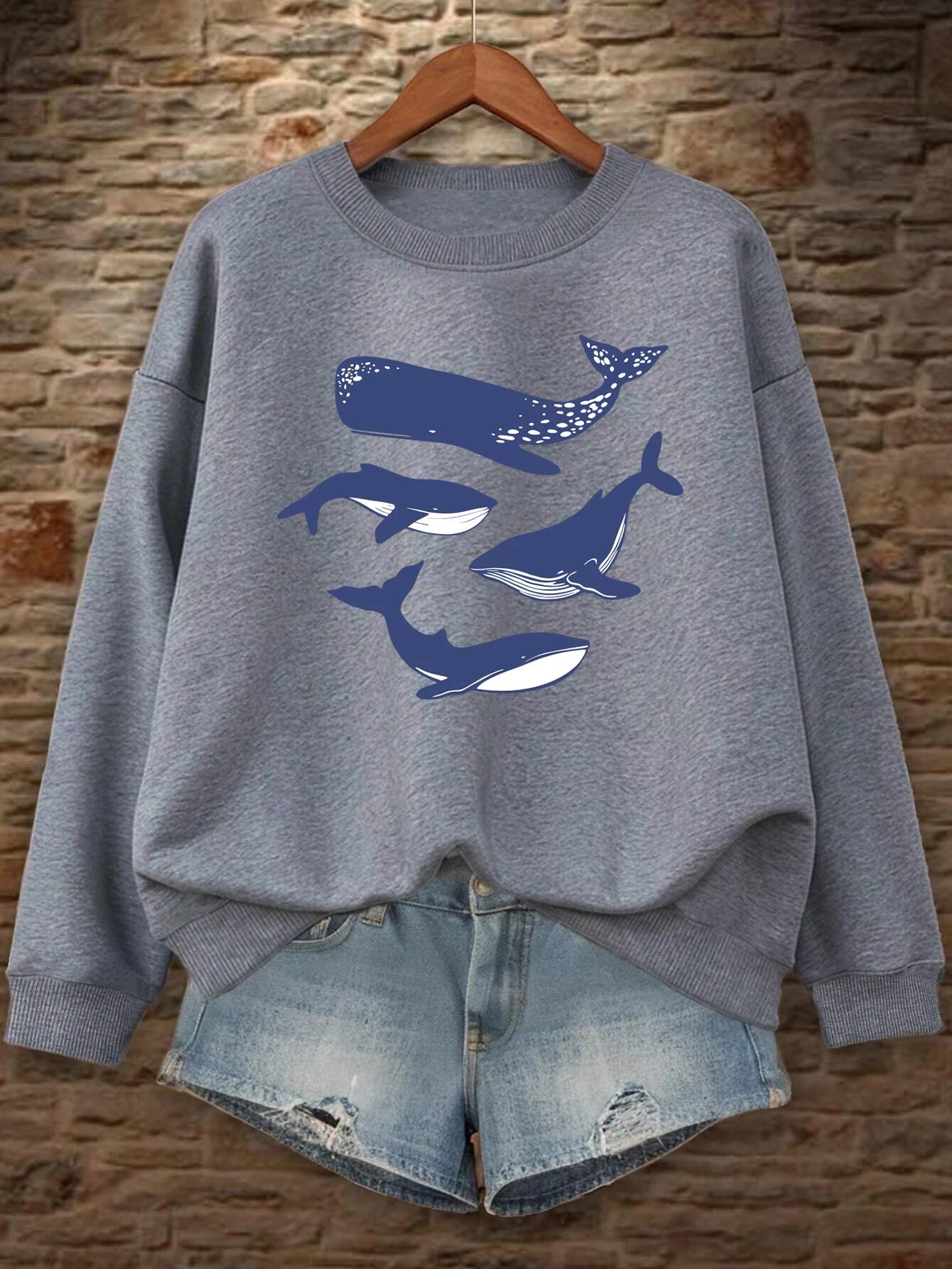 

Толстовка с креативным принтом Ocean Sharks, женский свободный пуловер Y2K, осенняя флисовая одежда, женская удобная уличная одежда с круглым вырезом