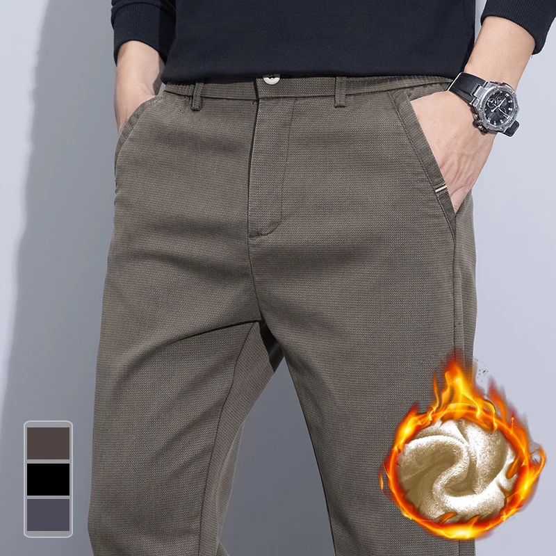 2025 New Winter Korean Thicken Men Pants Fleece Warm Casual Business Stretch Velvet Trousers Brand Plush Male Clothes Pants