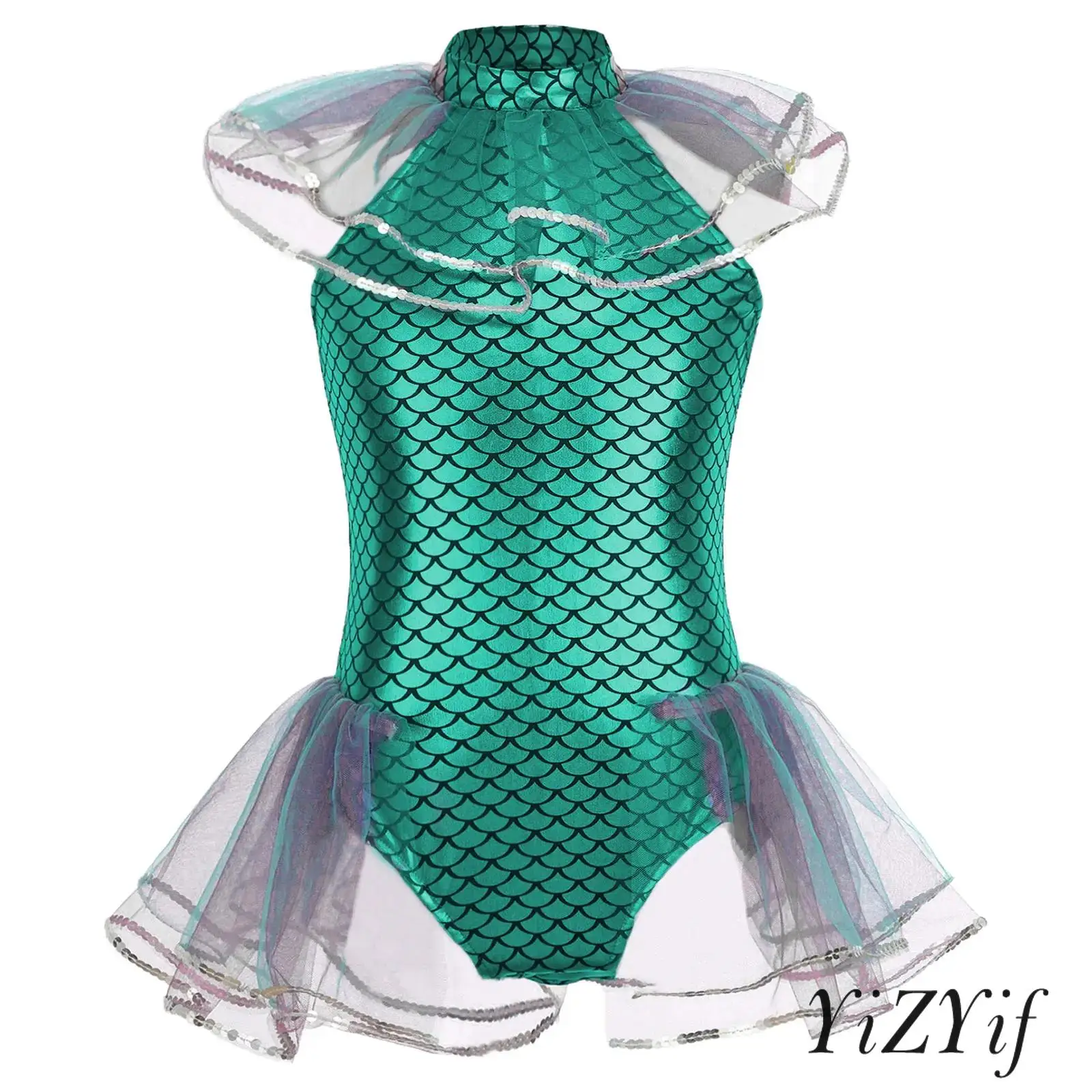 

Kids Girls Halloween Mermaid Cosplay Costume Sleeveless Mermaid Fish Scales Print Mesh Sequins Bodysuit with Arm Sleeves