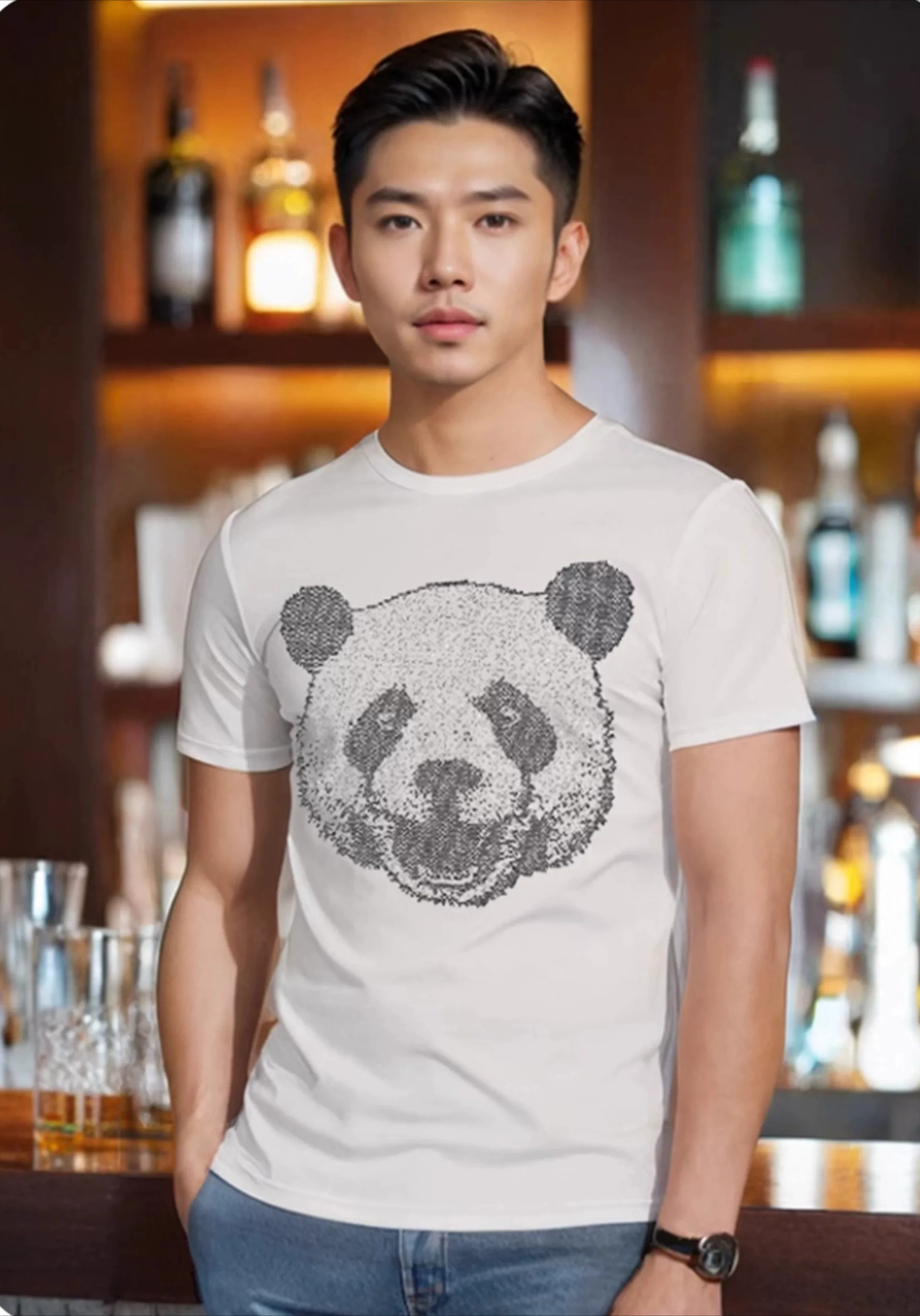2026 Summer New Men Black White Bling Shiny Panda Rhinestone T-Shirt Red Fitted Casual Round Neck Short Sleeve Tops