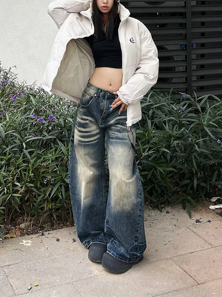 

Джинсы женские американского кроя, большие размеры, с эффектом потертости, модные, с бамбуковым узором, прямые, повседневные, свободные, широкие брюки-кюлоты