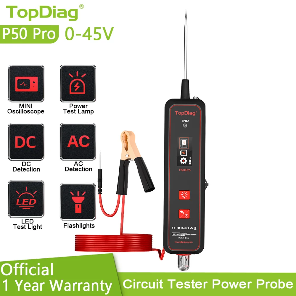 

Topdiag P50 Pro Circuit Tester Electrical Mini Oscilloscope Automotive Power Circuit Probe Kit 0-45V Battery Car Diagnostic Tool