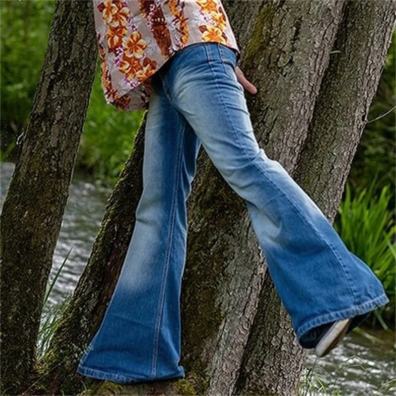 Men's Punk Style Splicing Pocket Embroidery Large Flared Jeans Male Vintage Four Seasons Blue Trousers Street Casual Denim Pants