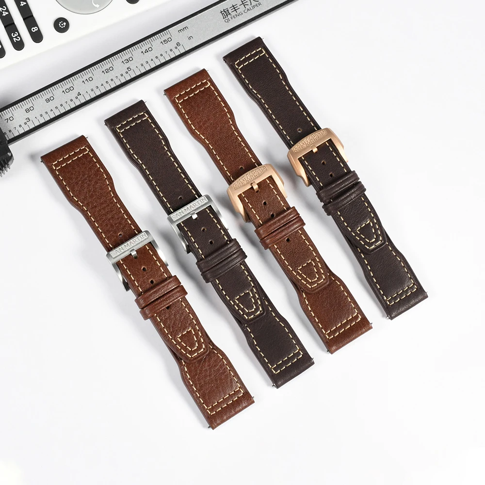 San Martin Pilot Horween Cowhide Leather Watchband 20mm 22mm Watch Belt For Men Straps Quick Release Spring Bar Retro Pin Buckle