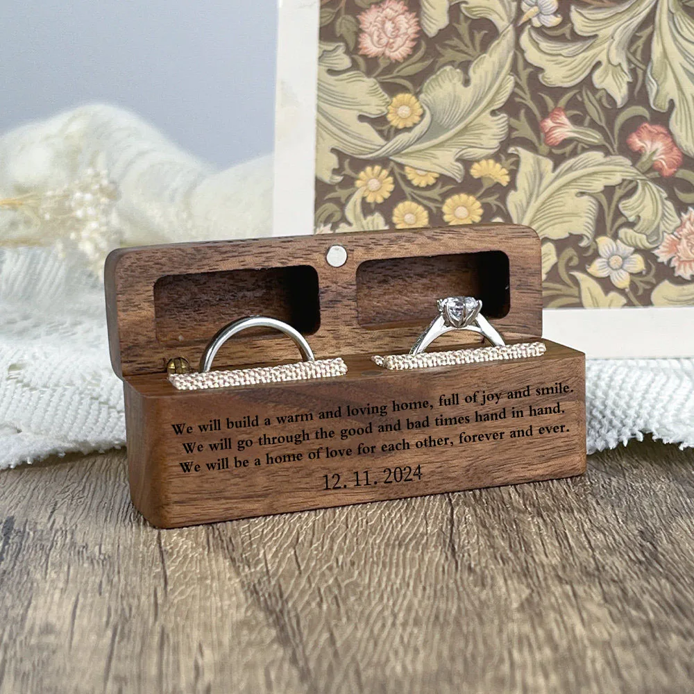 Rustic Wooden Ring Box with Linen Lining - 2-Slot Engraved Flip Cover, Perfect for Proposals & Engagements, Ideal Gift for Her