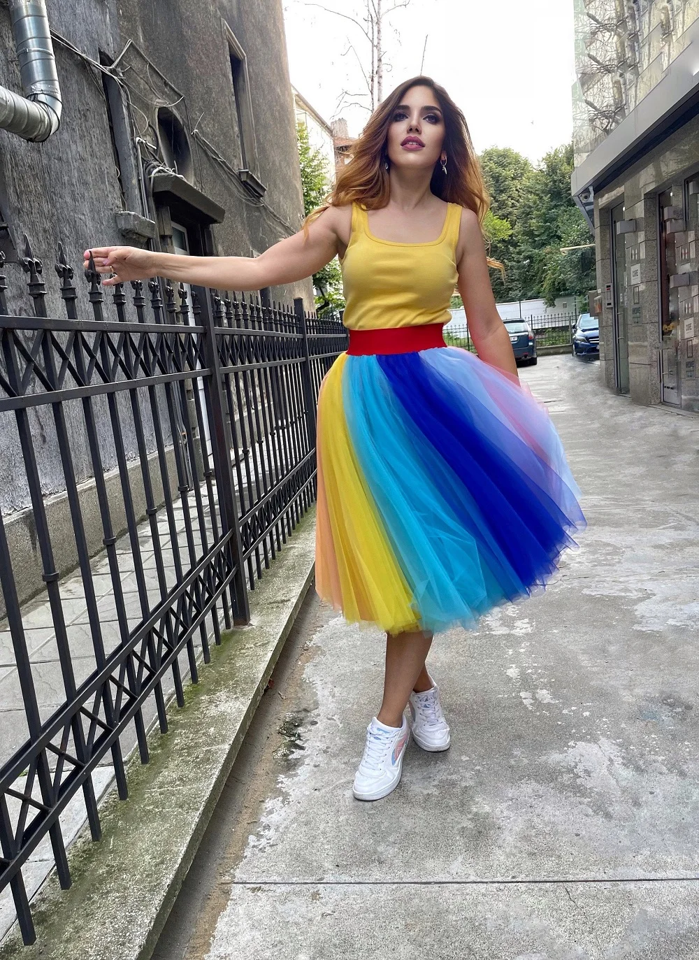 Vrouwen Regenboog Tule Rok Petticoat Lange Tutu Prinses Veelkleurige Verjaardagsfeestje Rok Jupon Faldas Quinceanera Jurk 2023