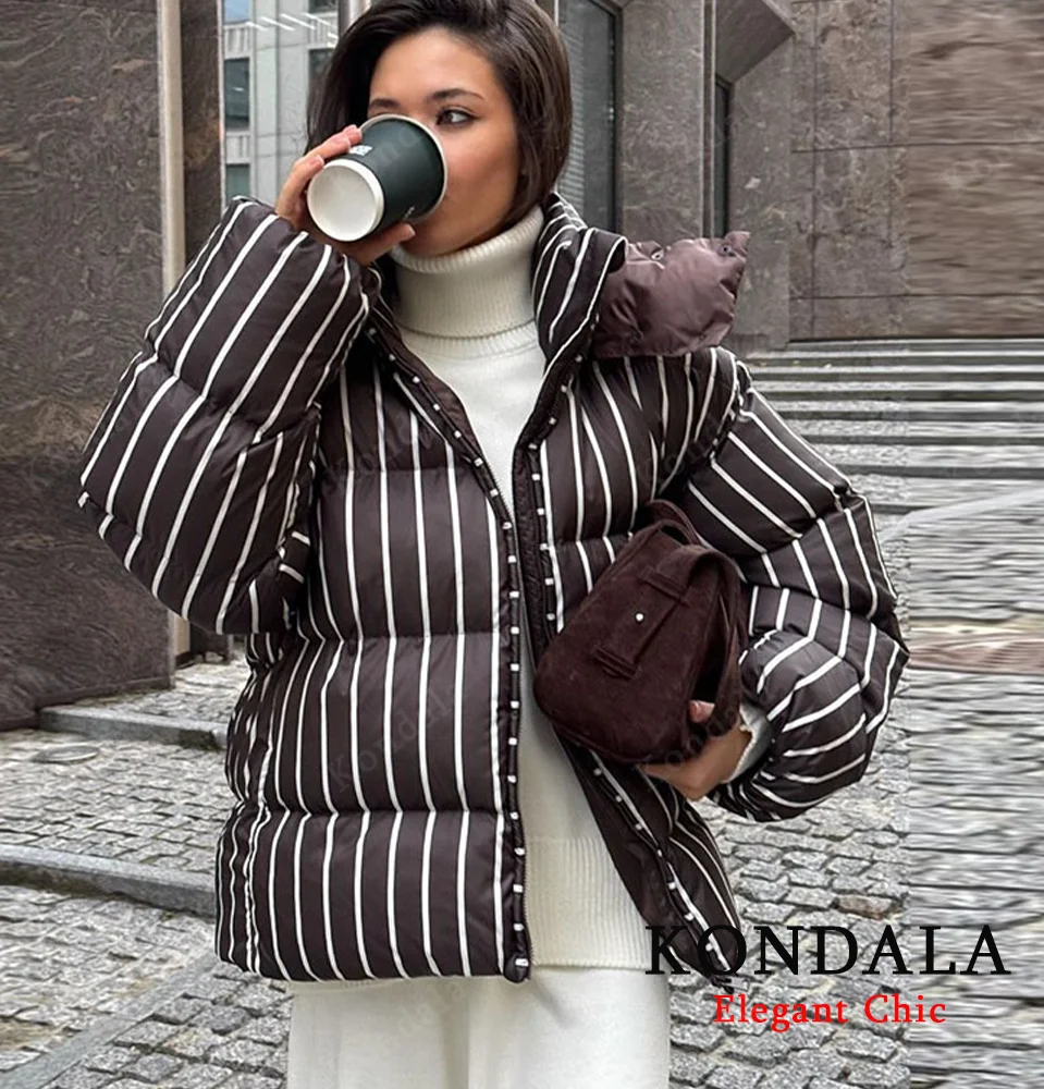 

KONDALA Winter Hooded Padding Coat Women's Coffee Stripes Zipper Jacket Coat 2025 Winter Fashion High Street Casual Female Coat
