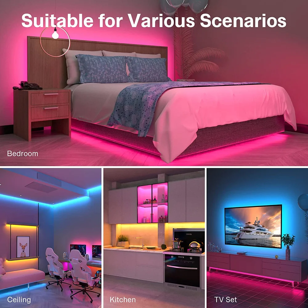 Fita de fita flexível para decoração do quarto, luzes LED Strip, controle APP, mudança de cor, diodo Backlight, quarto, TV, RGB5050, 30LEDs por m