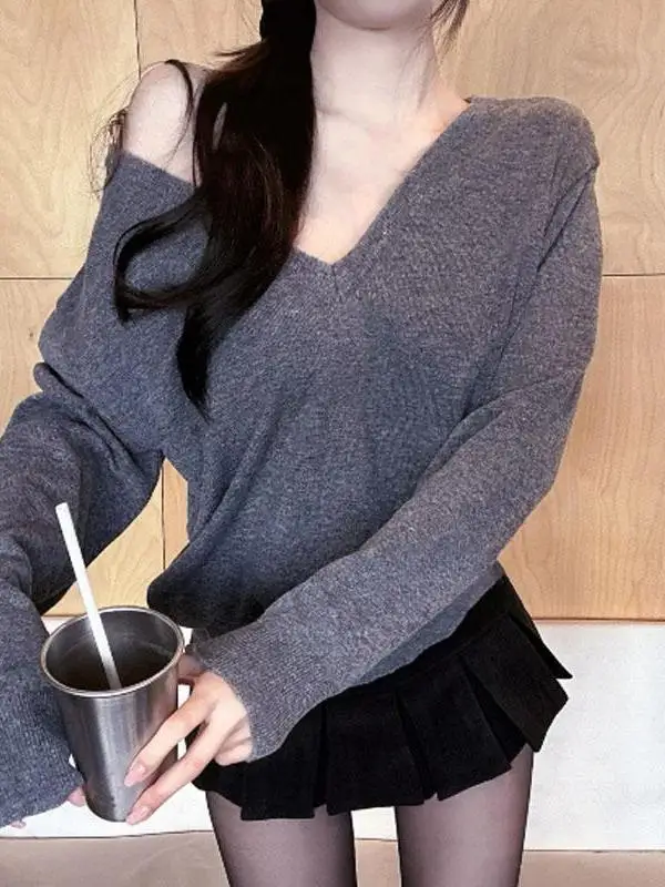 Elegant V-neck Long Sleeve Knitted Sweater Shoulder-baring Slim-fit -color Korean Style Women's Fashion Autumn Top