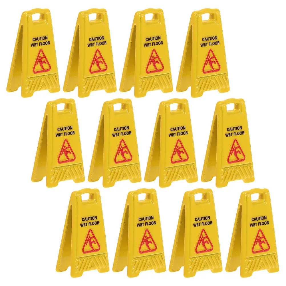 12Pcs Slippery Floor Warning Sign Miniature Dollhouse Accessory Compact Realistic Caution Sign Creative Role Play Learning