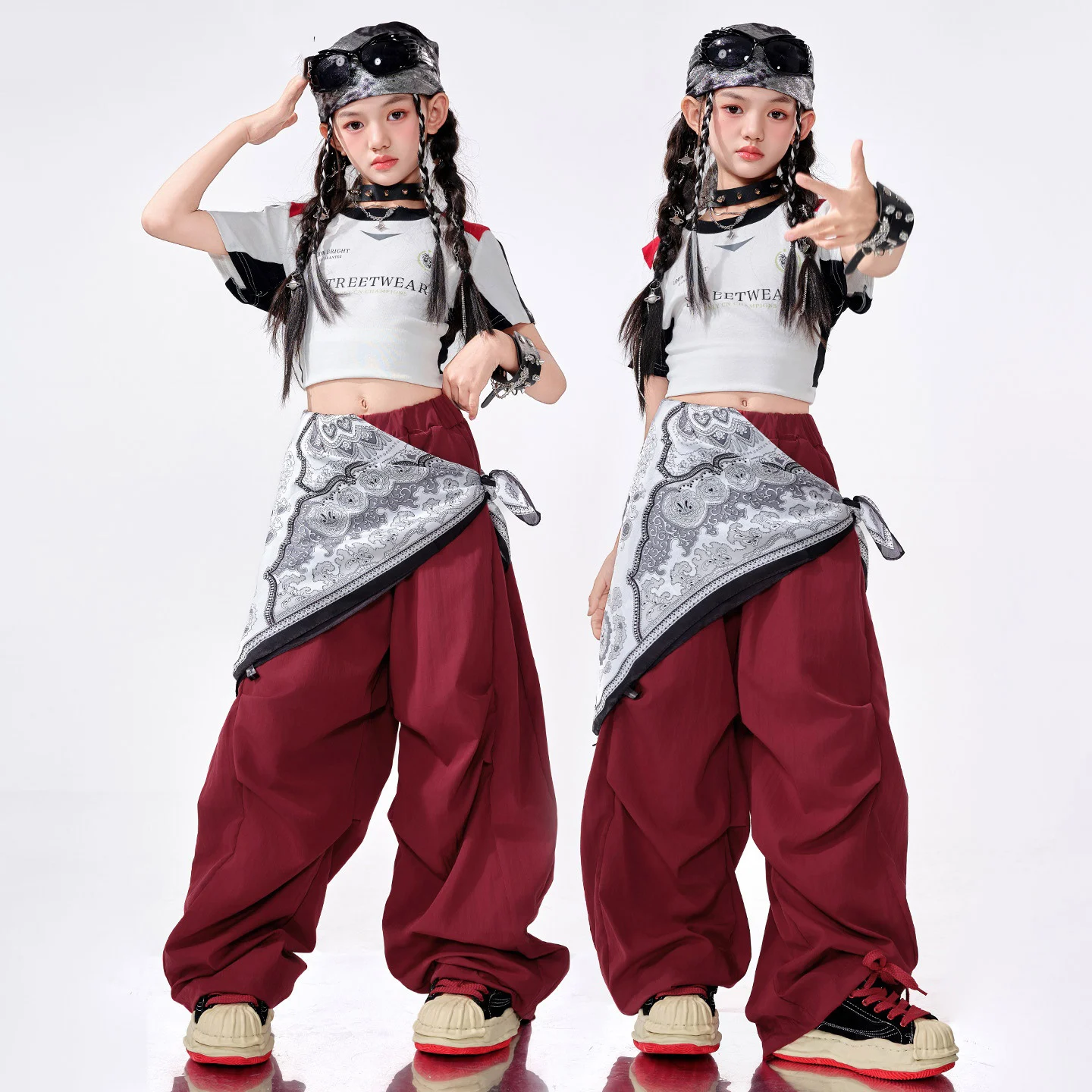 

Летняя одежда в стиле хип-хоп для девочек, топы с пупком для джазовых танцев, красные брюки-карго с короткими рукавами, костюм для уличных танцев, Kpop BL16303