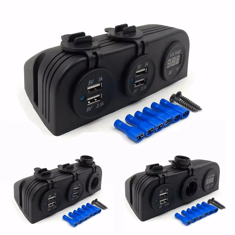 12V DIY Module Panel Splitter Power Adapter Car 5V 2.1A Dual USB Adapter Charger + Cigarette Lighter Sockets + Digital Voltmeter