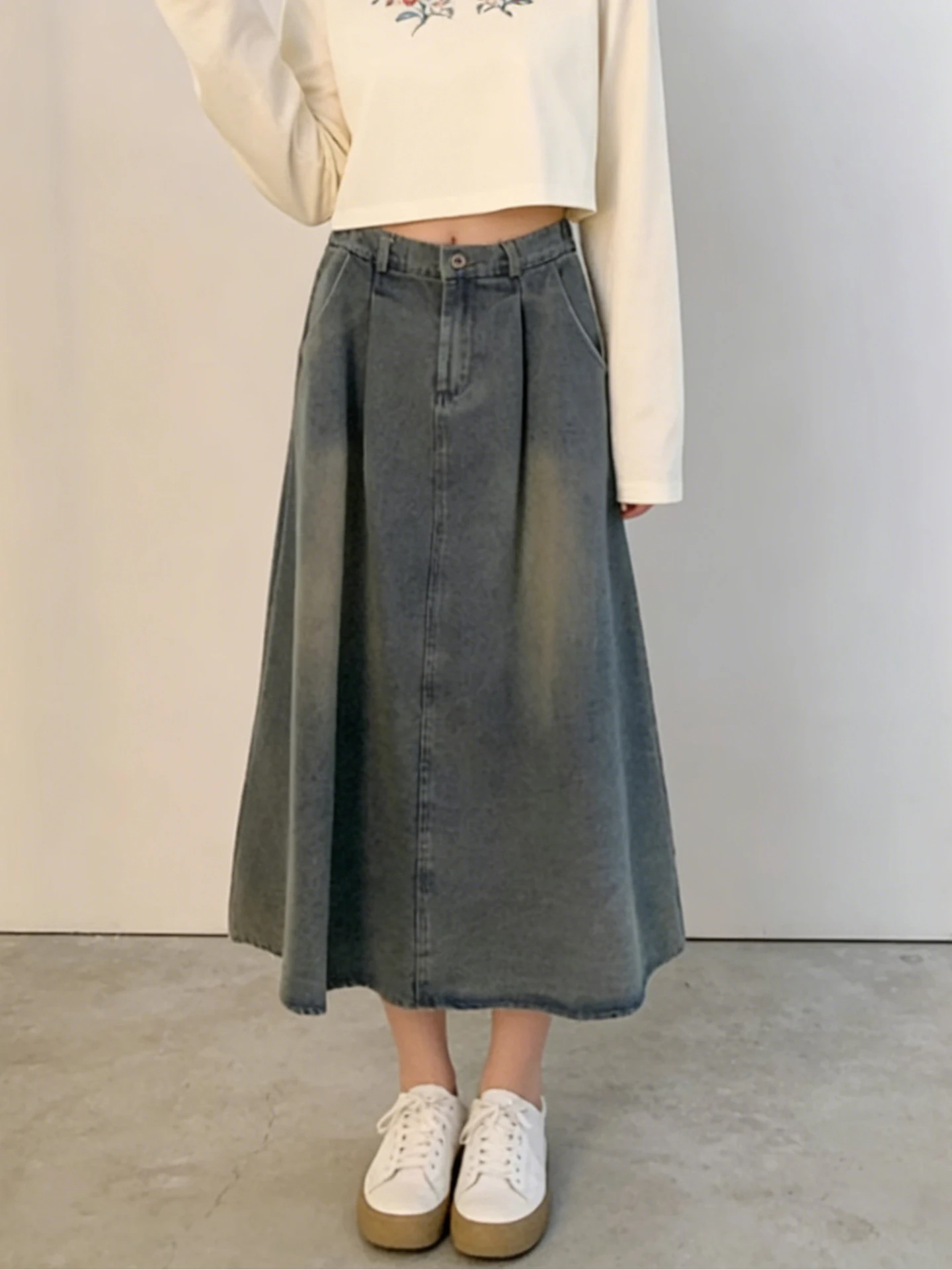 

Юбка миди из денима больших размеров с высокой талией, А-силуэт, скрывающая живот, винтажная, повседневная, из смесового хлопка