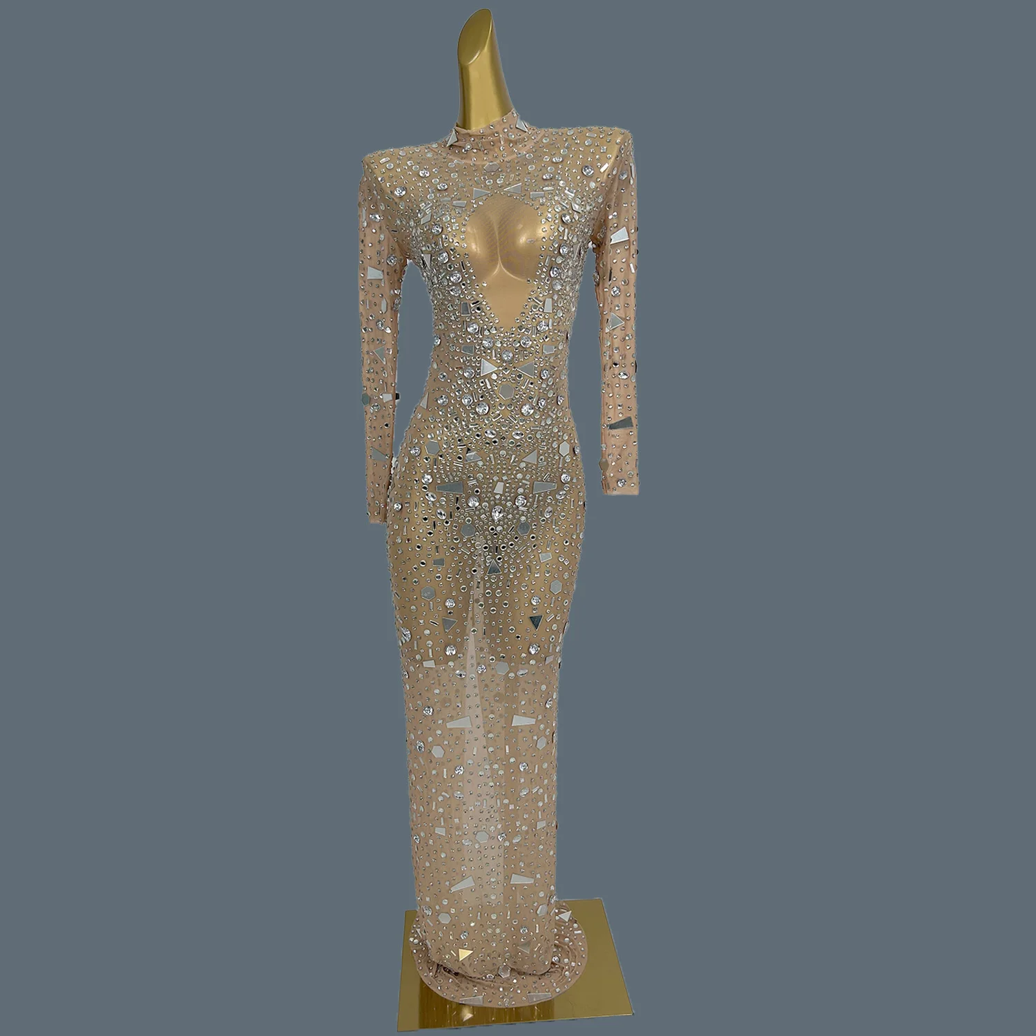 

Women Sparkly Crystals Mirrors Elegant Evening Gown Club Birthday Prom Mesh See Through Dress Sexy Photo Shoot Wear loukongxiong