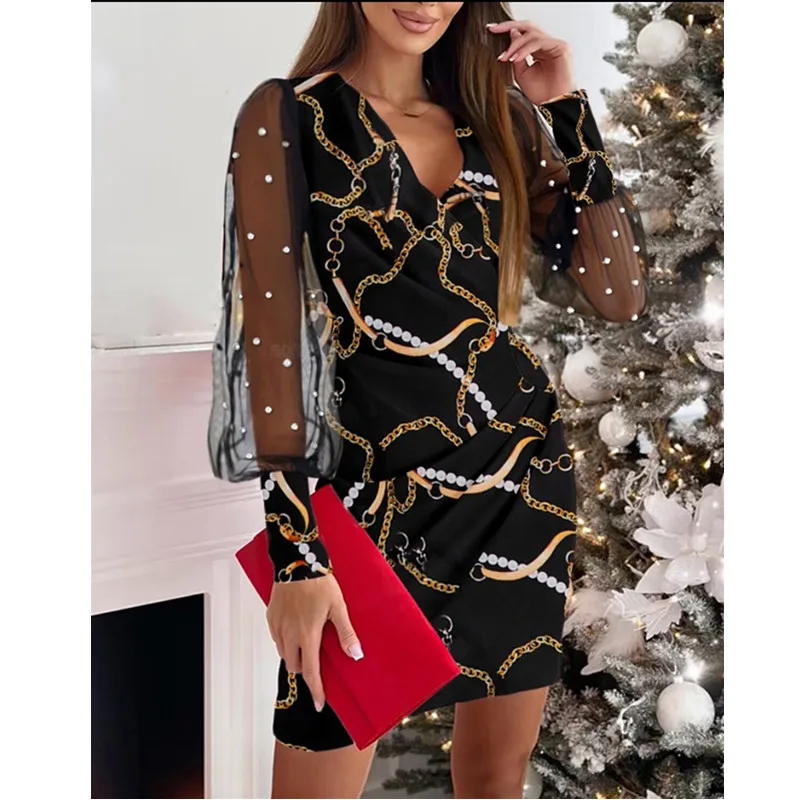 Otoño Invierno Color sólido flor encaje manga larga cuello pico cintura abrazando vestido de mujer nuevo negro fiesta ajustado Mini vestido Vestidos