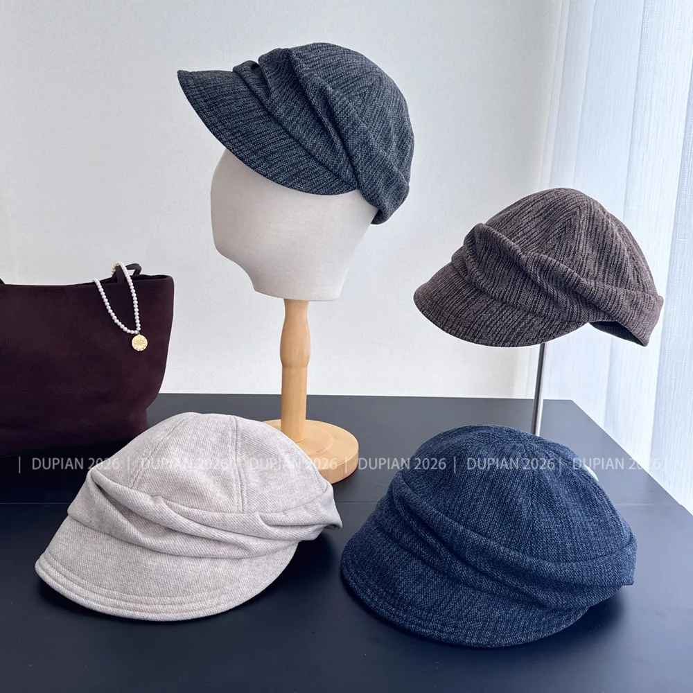 Women Autumn Winter Korean Style Relaxed Pleated Peaked Hat Warm Newsboy Cap Trendy Fabric Ladies Casual Equestrian Hat
