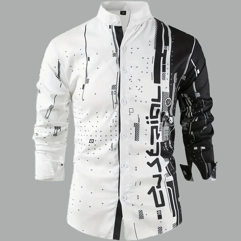 Men Long Sleeve Button‑Up Shirt Black White Abstract Geometric Graffiti Street Casual Tops