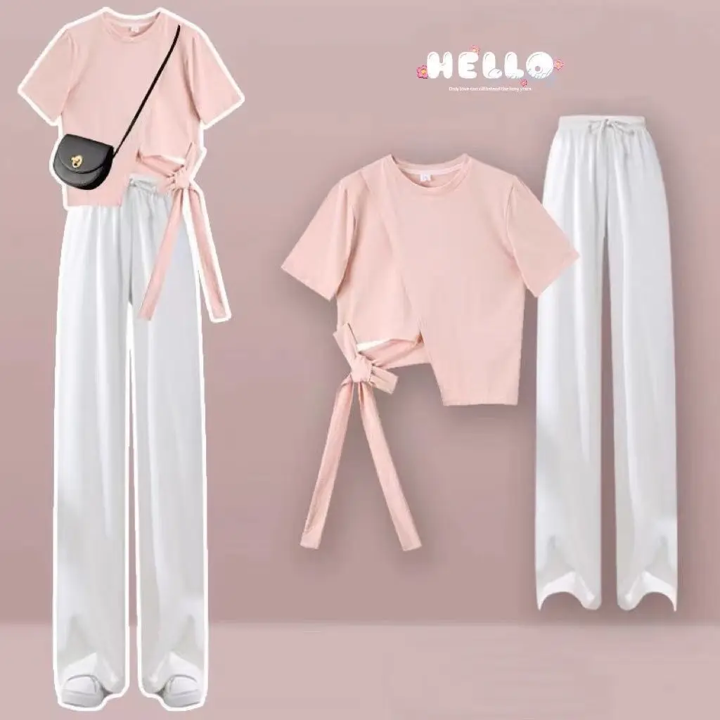 2023 Summer New Bow Tassel Short Sleeve T-shirt Casual Wide Leg Pants Two-piece Elegant Women\'s Pants Suit Street Outfits