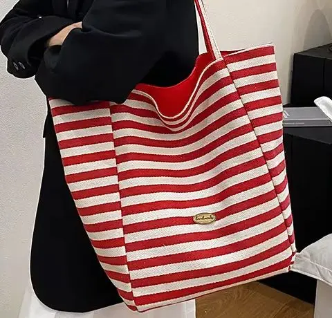 

Women's Striped Canvas Shopping Bag Daily Casual Large Capacity Tote Handbags Double-sided Totes Girls Nylon Shoulder Bags