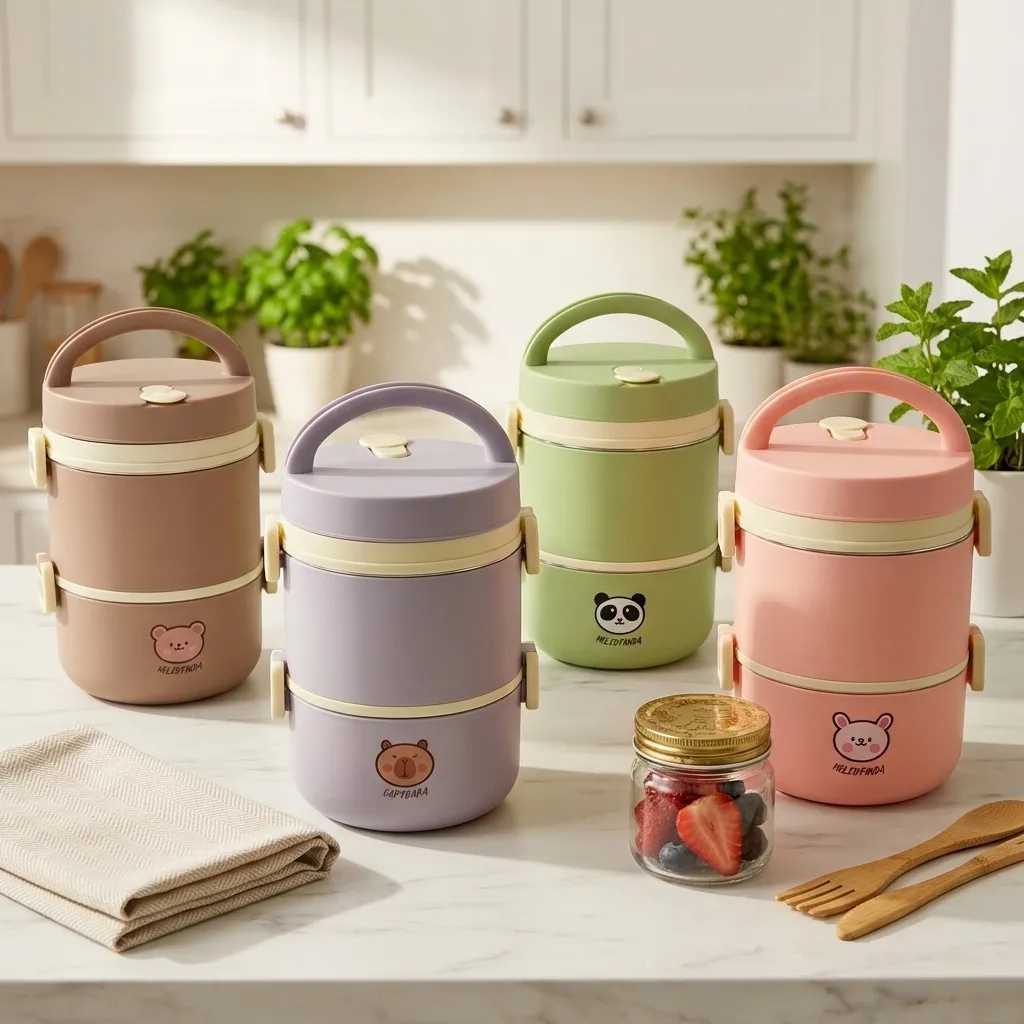 Microwavable 304 Stainless Steel Bento Box Kids Thermal Lunch Box Stackable Leakproof Food Storage Container with Handle Cutlery