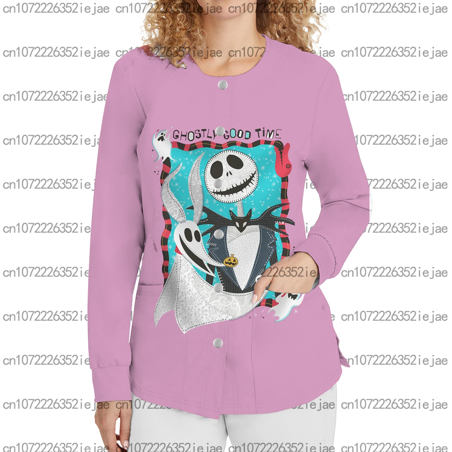 

Женская куртка-скраб для салона красоты, домашних животных, стоматологический магазин, карманная куртка «Кошмар перед Рождеством», женское пальто для кормления «Джек и Салли», топ