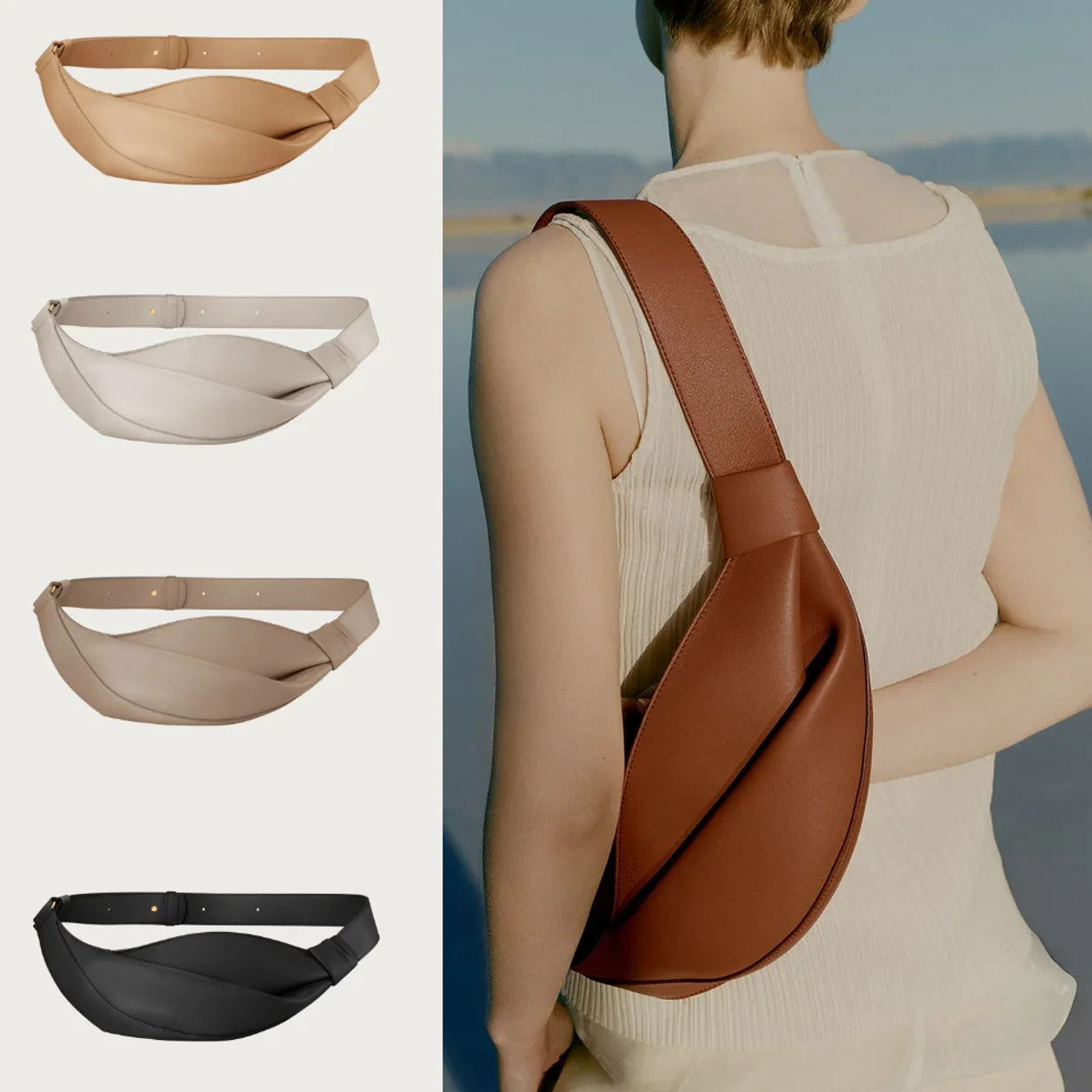 

Women's fashionable light beige twist waist bag, simple belt bag, casual waist bag, suitable for daily commuting