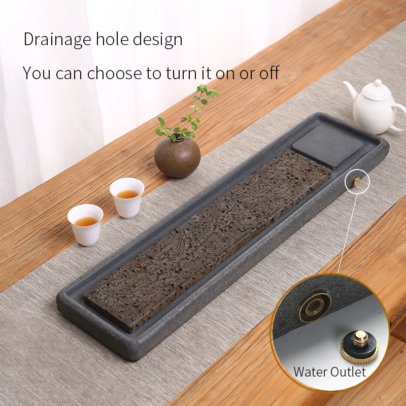 Stone Tea Tray KungFu Teaware Drain Separable Rectangular Natural Volcanic Rock Water Outlet Home Decoration Table Office Decor
