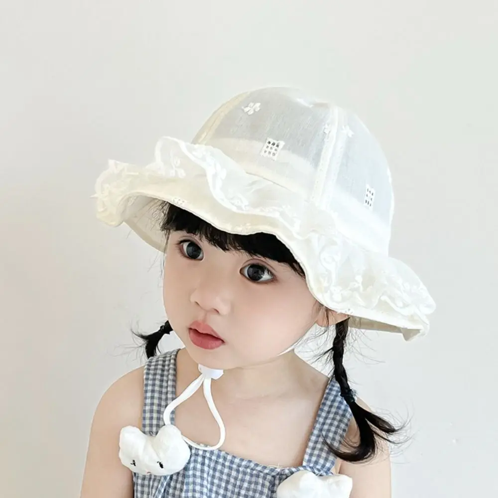 

Fashion Sweet White Lace Bucket Hat Princess with Rope Toddler Sun Hat Sunscreen Ruffle Baby Fishermen Hat Outdoor