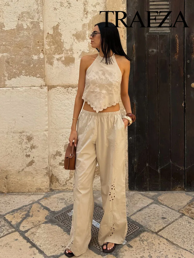 

TRAFZA Women Embroidery Neck Halter Design Sexy Backless Short Top+Elastic Waist Side Pocket Casual Loose Wide-Leg Pants Suit