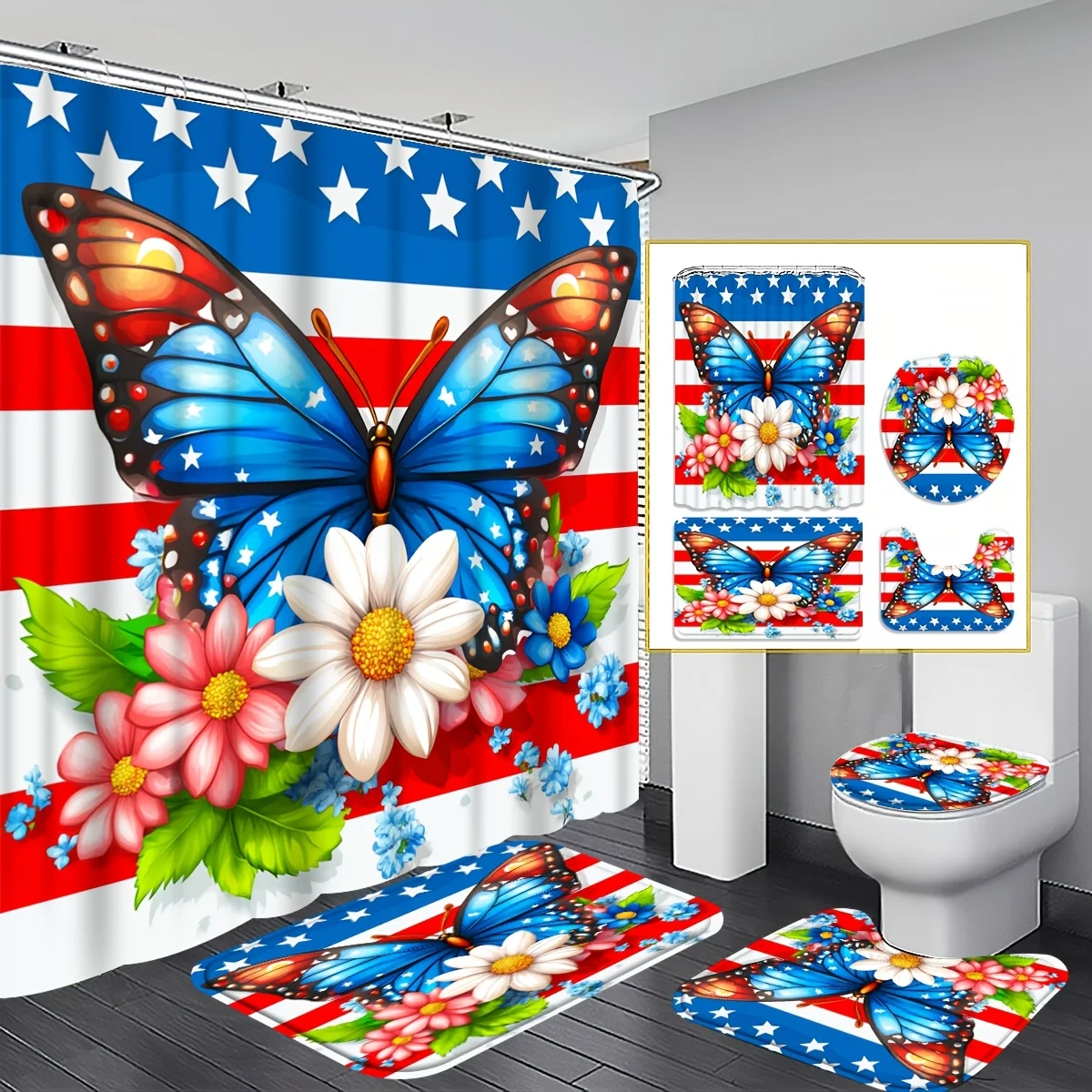 

American Flag Butterfly Shower Curtain Set Stars Stripes Floral Bathroom Decor U Shaped Toilet Lid Cover 12 Hooks 70.87x70.87 Inch Patriotic Bathroom Accessories Home Holiday Decoration Set for 4th of July Celebration Bathroom Styling