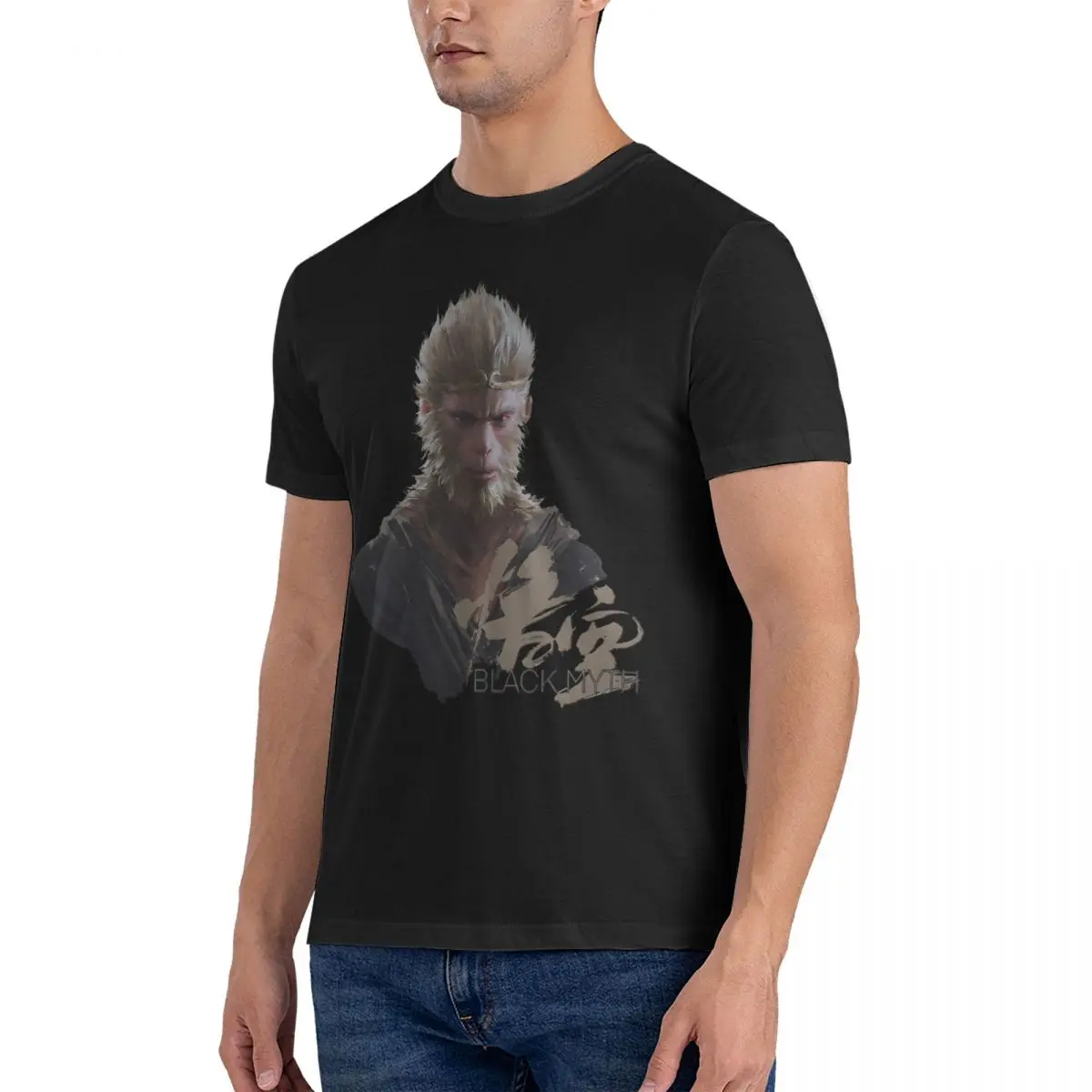 T-shirt manches courtes col rond homme, noir, mythe Wukong, décontracté, 100% coton, cadeau d'anniversaire