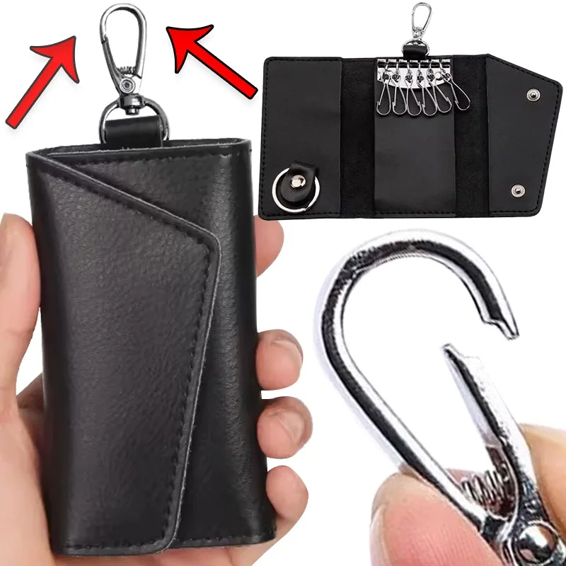 Calf Leather Key Storage Bag Soft Material Built in Hooks Key Wallet Convenient Bank Card Bag Men Women Simple Black Key Case