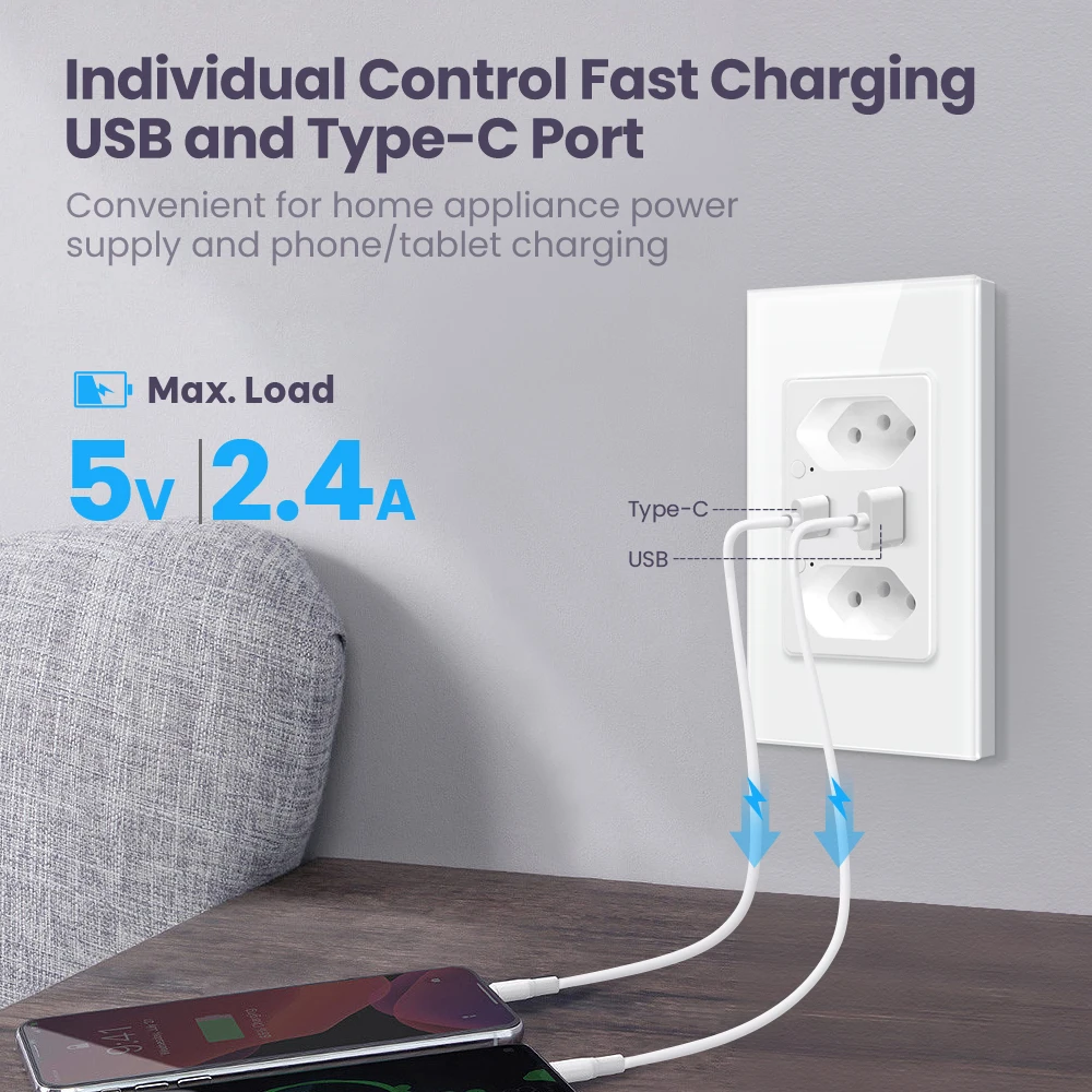 AVATTO Tuya WiFi Smart Brazil Wall Socket USB Fast Charger Dual Outlets Work For Google Home Alexa With TypeC Ports Power Outlet