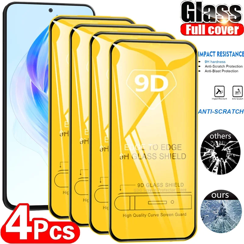 4Pcs 9D Full Cover Screen Protector For Honor 90 200 Lite Clear Tempered Glass For Honor X8B X7B X7A HD Protection Glass