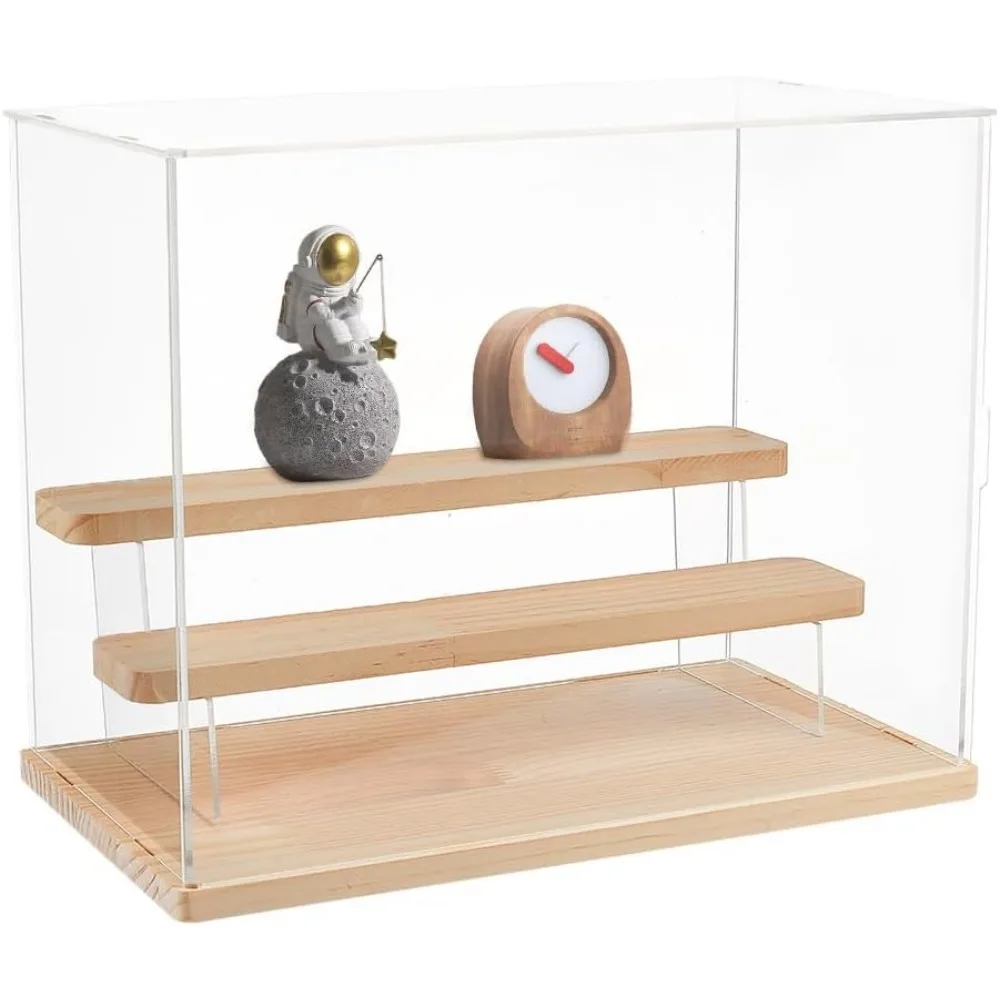 2-Tier Clear Display Case Acrylic Box 12.5×7×9.8 Inch Wooden Tiered Organizer Case Dustproof Showcase Countertop Display Case