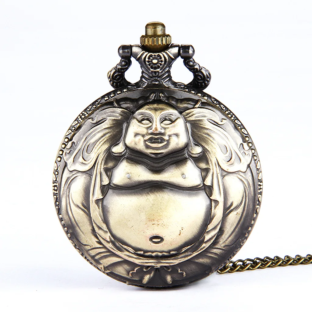 

Vintage Luxury Buddha Patterned Carving Quartz Pocket Watch for Men Ladies Laser Engraved Fob Chain Bronze Clock for Collection