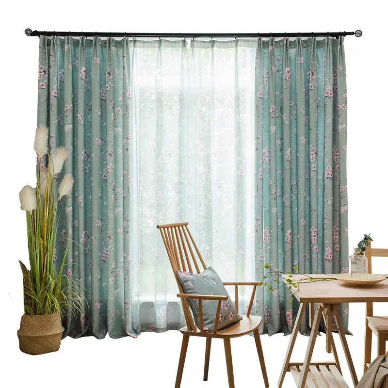 Pastorale amerikanische Luxusvorhänge für Wohnzimmer, Schlafzimmer, halbschattierend, florales Baumwollleinen, grün, eleganter Fenster-Tüll, individuell anpassbar