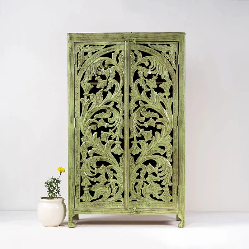 

French retro style carved dining side cabinet, old solid wood wine cabinet, double door oak bookcase, living room decoration