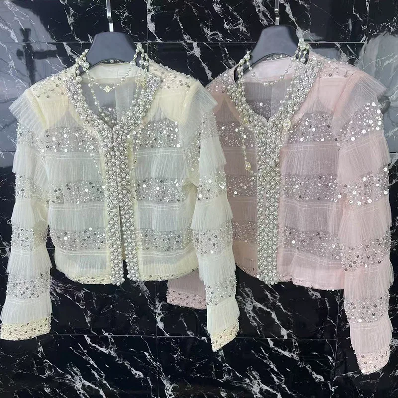 

Small Fragrance Blouses O Neck Long Sleeve Crop Tops Heavy Beading Sequined Shirts Fashion Elegant All Match 2025 Women Clothing