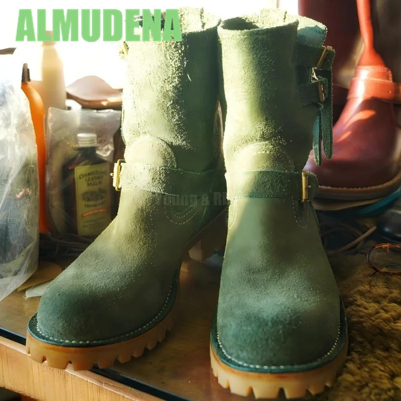 Suede Military Green Motorcycle Boots Metal Belt Buckle Knight Boots Trendy Men's Minimalist Sleeve Height Increasing Boots