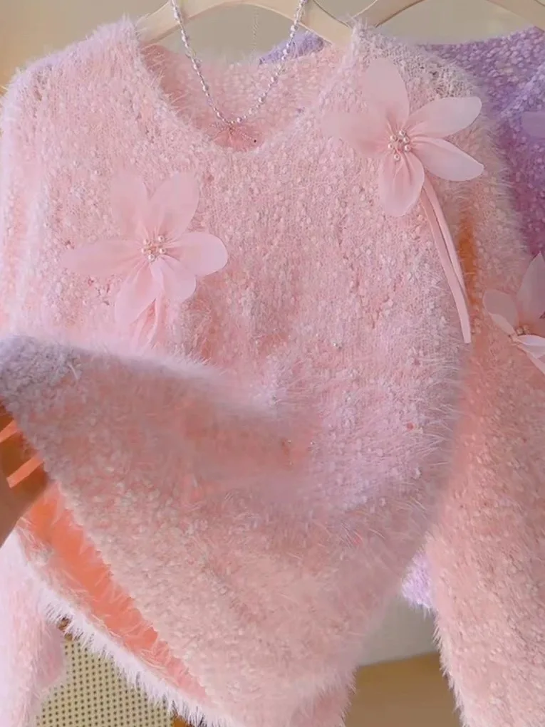 Morbido maglione di velluto viola anti-ara lupo da donna autunno inverno di grandi dimensioni grassoccio MM fiore 3D perline top lavorato a maglia