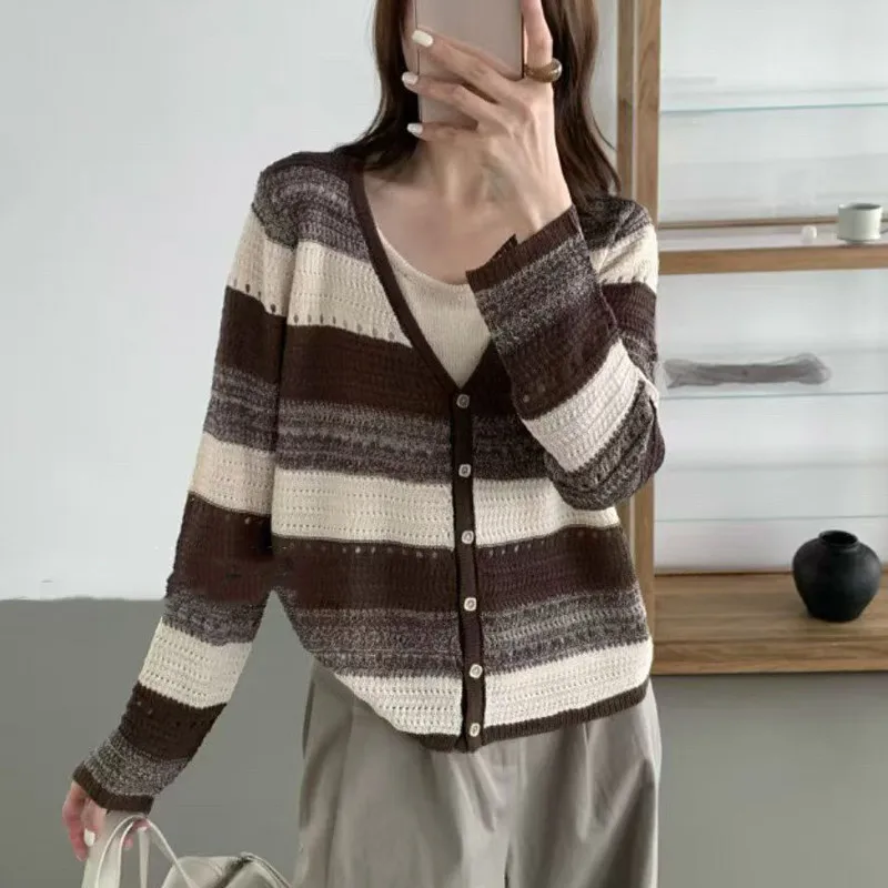 Korean Style Color Block V-Neck Knitted Loose Slimming Top Women's Casual Fashion Autumn 2026 plus Size Stripe Patterned Two-...