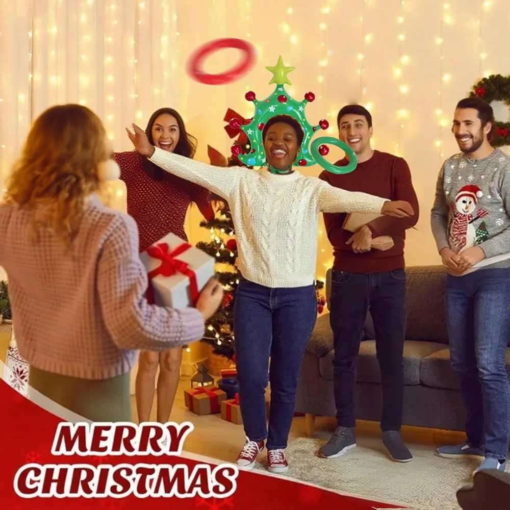 Inflatable Christmas Tree Ring Toss Game, Xmas Tree Headband with Rings, Family Party Game For, Festive Holiday Party Activity