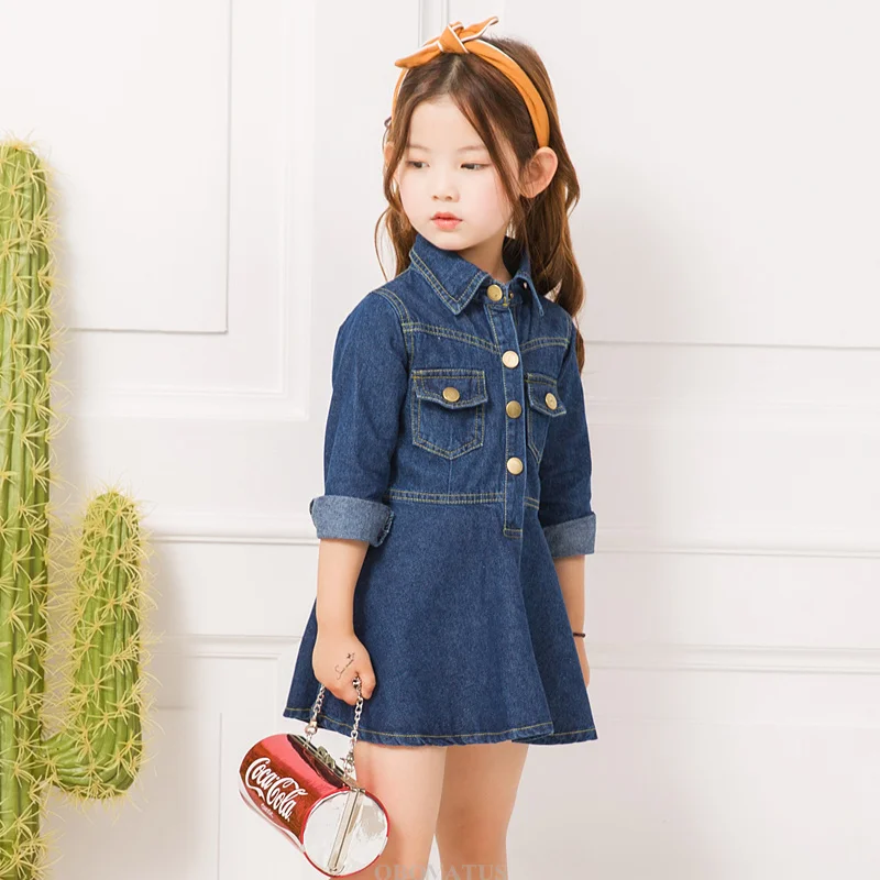Mädchen Dunkelblaues Denim-Midikleid Koreanischer Stil Elegante Frühlings-Neuheiten Baby Kinder Langarm-Jeanskleid Für Alter 2 Bis 13 Jahre – Detail 5
