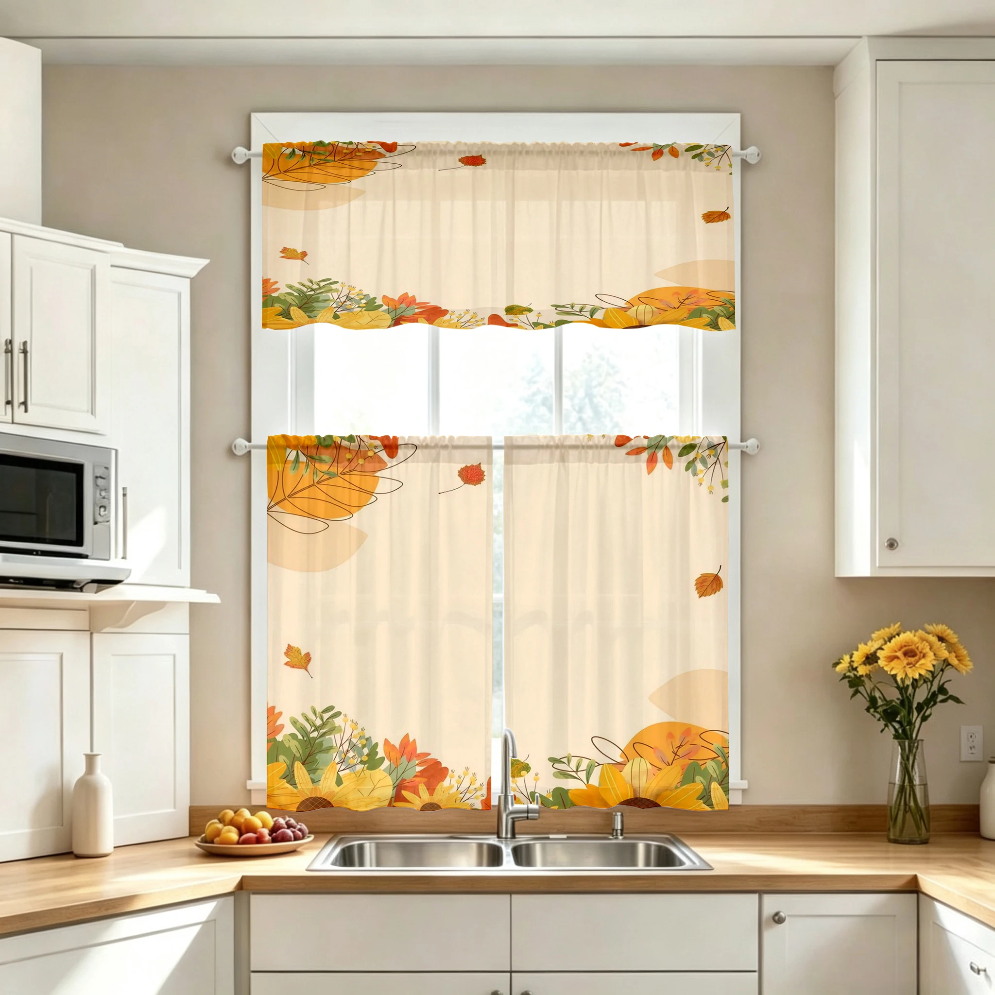 Thanksgiving Fall Kitchen Curtains, Sunflower Leaf Frame, Digital Print, Kitchen Dining Room, Rod Pocket Polyester, Home Decor