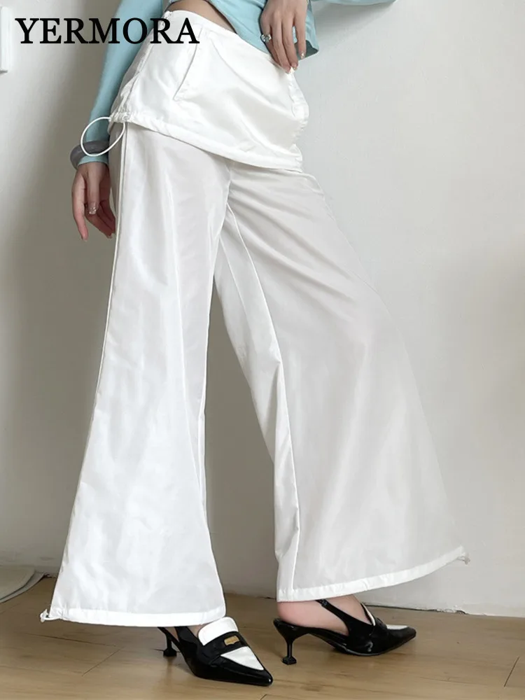 

YERMORA High Waist White Fake Two Pieces Casual Wide Leg Pants Women Loose New Drawstring Trousers Fashion Spring Summer 2025