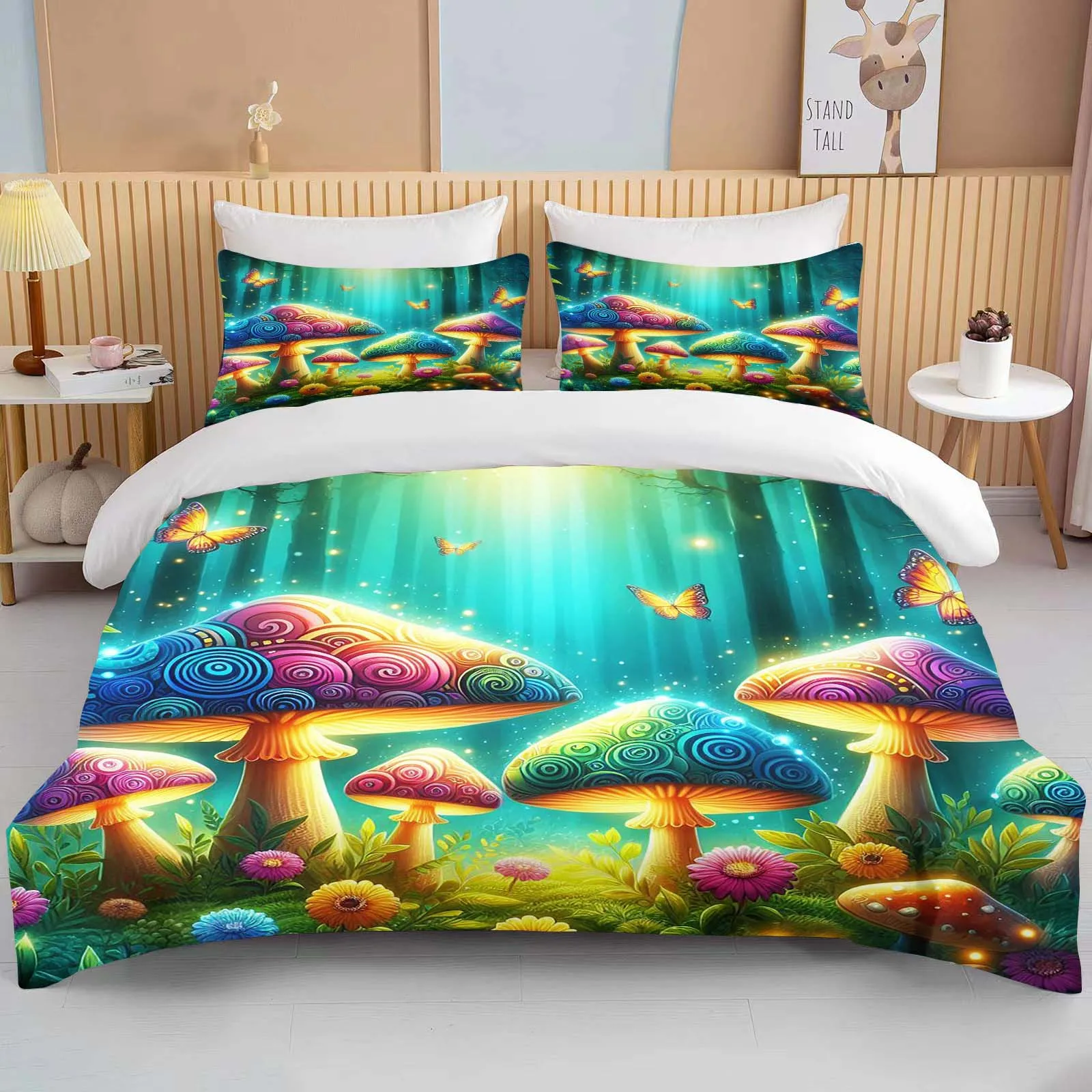 Super Vibrant Neon Psychedelic Mushrooms Print Bedding Set 3PC 1 Duvet Cover 2 Pillowcases Adult and Children Bedding Set Luxury