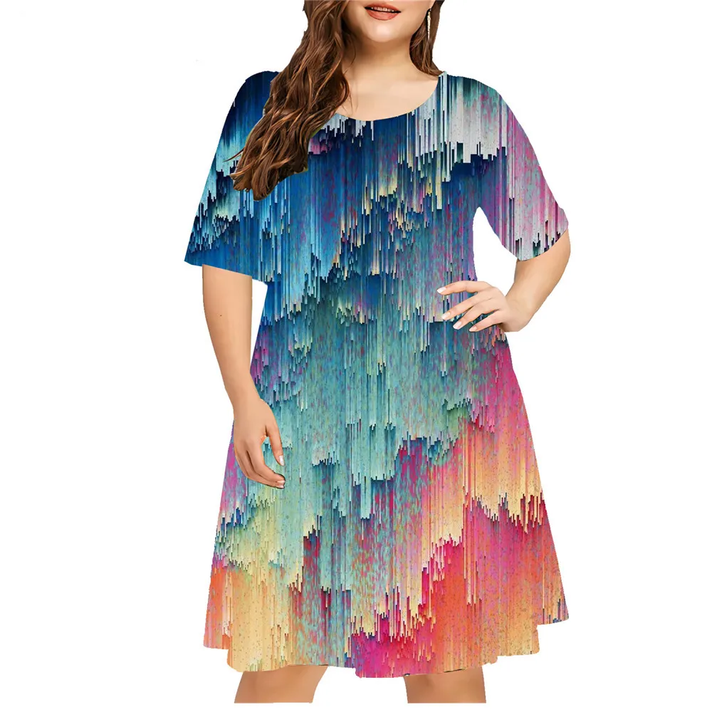 Abstrakcyjny Gradient Tie Dye Malowana Sukienka Damska Lato 2024 Retro 3D Print Luźna Sukienka Casualowa Moda Plus Size Odzież Damska 9XL